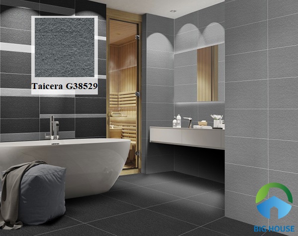 Mẫu gạch Taicera G38529 xám đậm tone sur tone với gạch ốp tường. Gam màu trung trính này mang đến vẻ đẹp hiện đại và sang trọng cho không gian phòng tắm