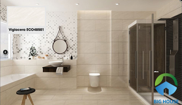 Tham khảo mẫu gạch Viglacera ECO48501 40x80 họa tiết vân đá với gam màu tao nhã lát nền phòng tắm