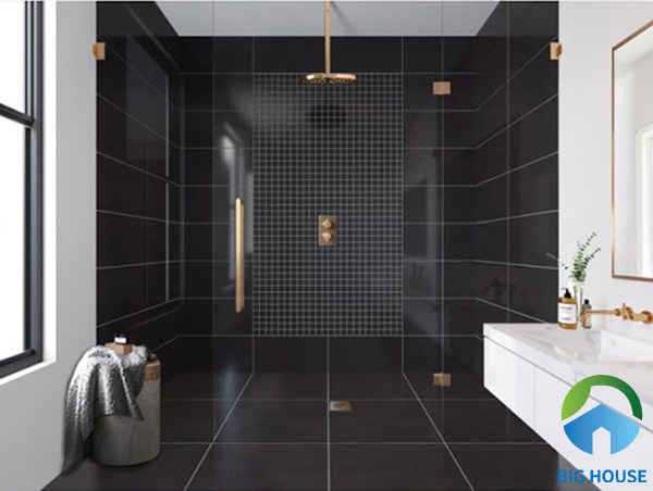 Ốp gạch màu đen một không nhà tắm tạo chiều sâu cho không gian