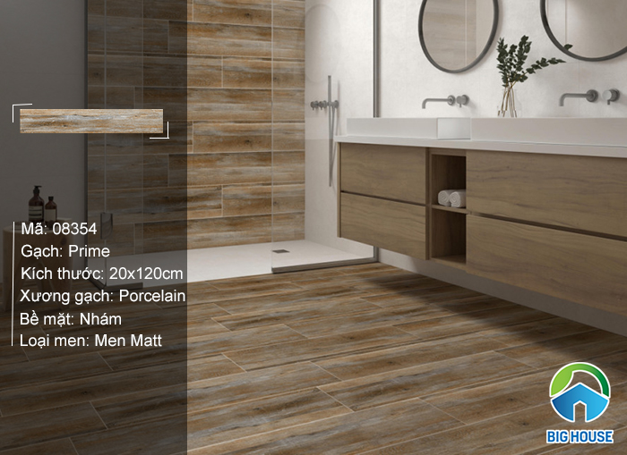 Sử dụng gạch giả gỗ kết hợp nội thất màu gỗ mang đến sự sang trọng cho nhà tắm