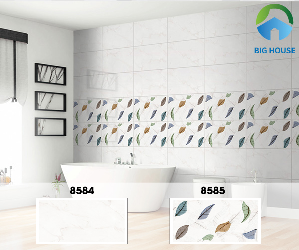 Bộ đôi gạch Prime 05.300600.08584 - 05.300600.08585 rất phù hợp ốp tường nhà tắm. Gạch vân đá trắng mang vẻ đẹp sang trọng, hiện đại. Đồng thời, hai hàng gạch họa tiết lá tạo sự sinh động, tươi mát hơn